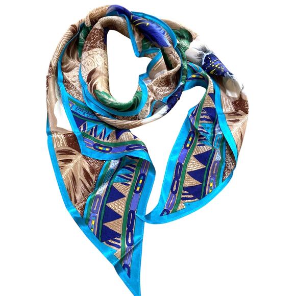 Vintage Oscar De La Renta Silk Scarf Pointy Ends Necktie Jungle Flowers Blue Tan - Picture 7 of 10